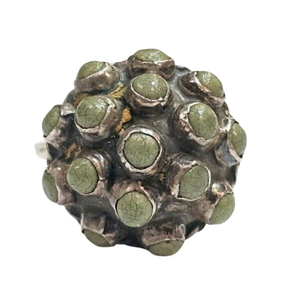 Vintage Sterling Green Cabochon Cluster Ring - Adjustable Size 8, Dome Design - Picture 1 of 3
